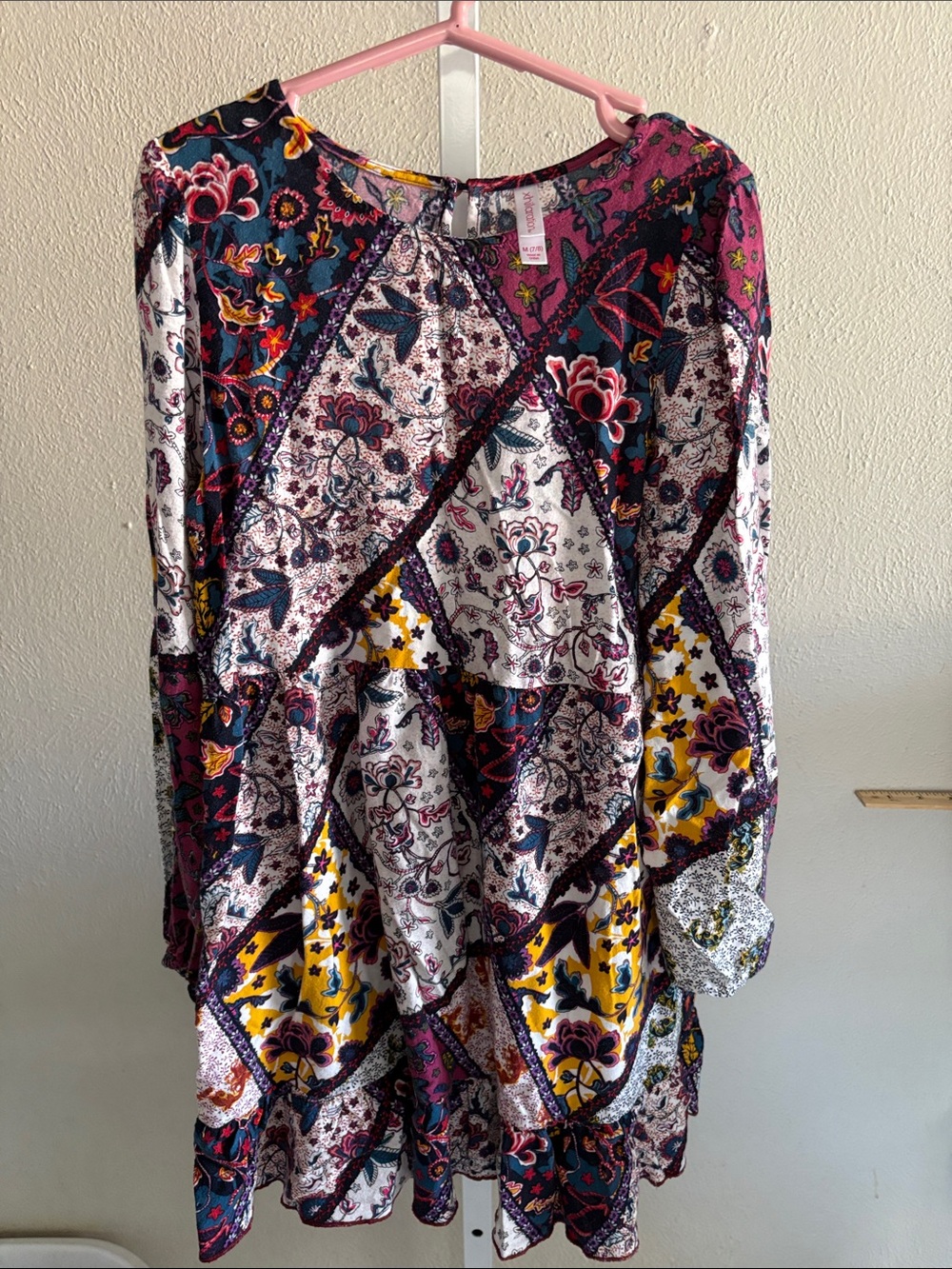 Boho Patchwork Floral Dress in Burgundy, Navy & Mustard Childs Size Medium 7-8